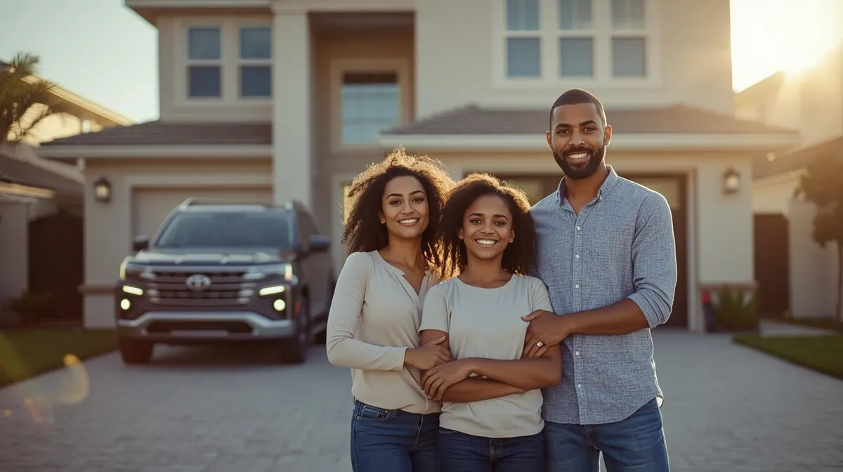 A smiling family standing in front of their home