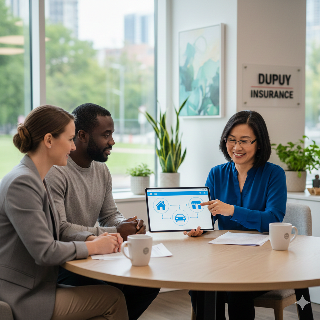 Friendly insurance agency office meeting with clients