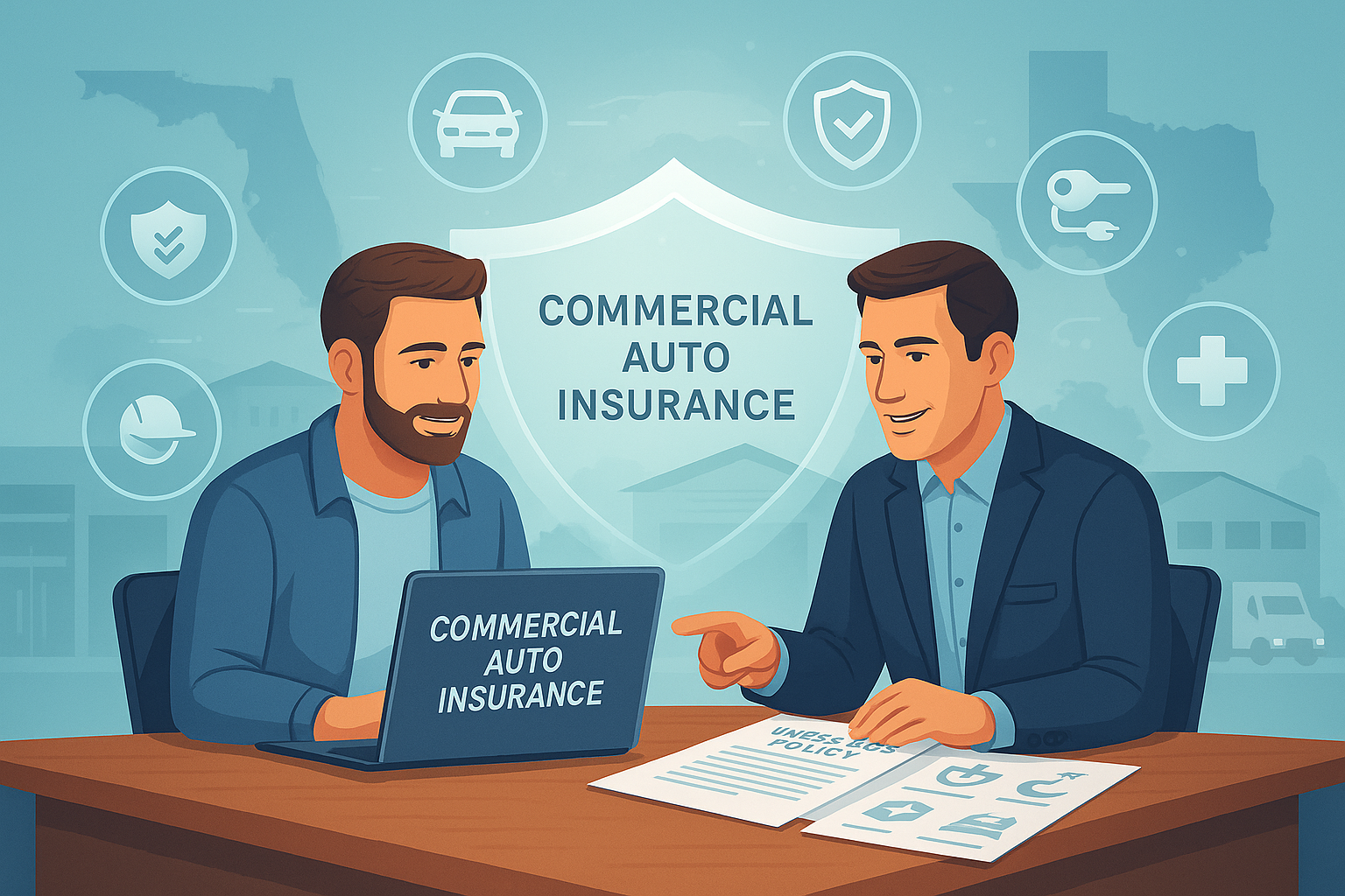 Business owner reviewing commercial auto insurance coverage options
