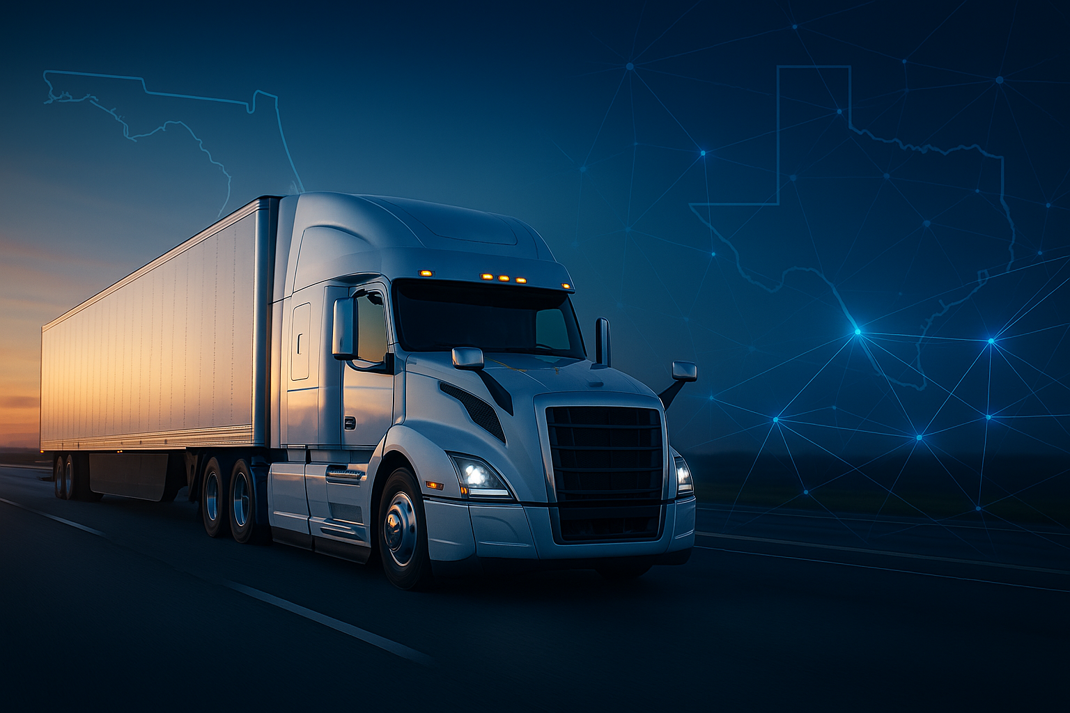 Semi truck driving on highway at sunset representing commercial truck insurance